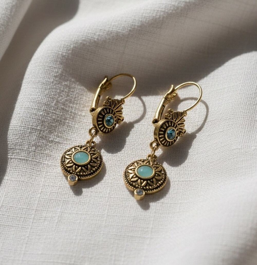Museum Mandala Earrings Antique Geometric CZ Gold Boho Court VTG Royal Palace